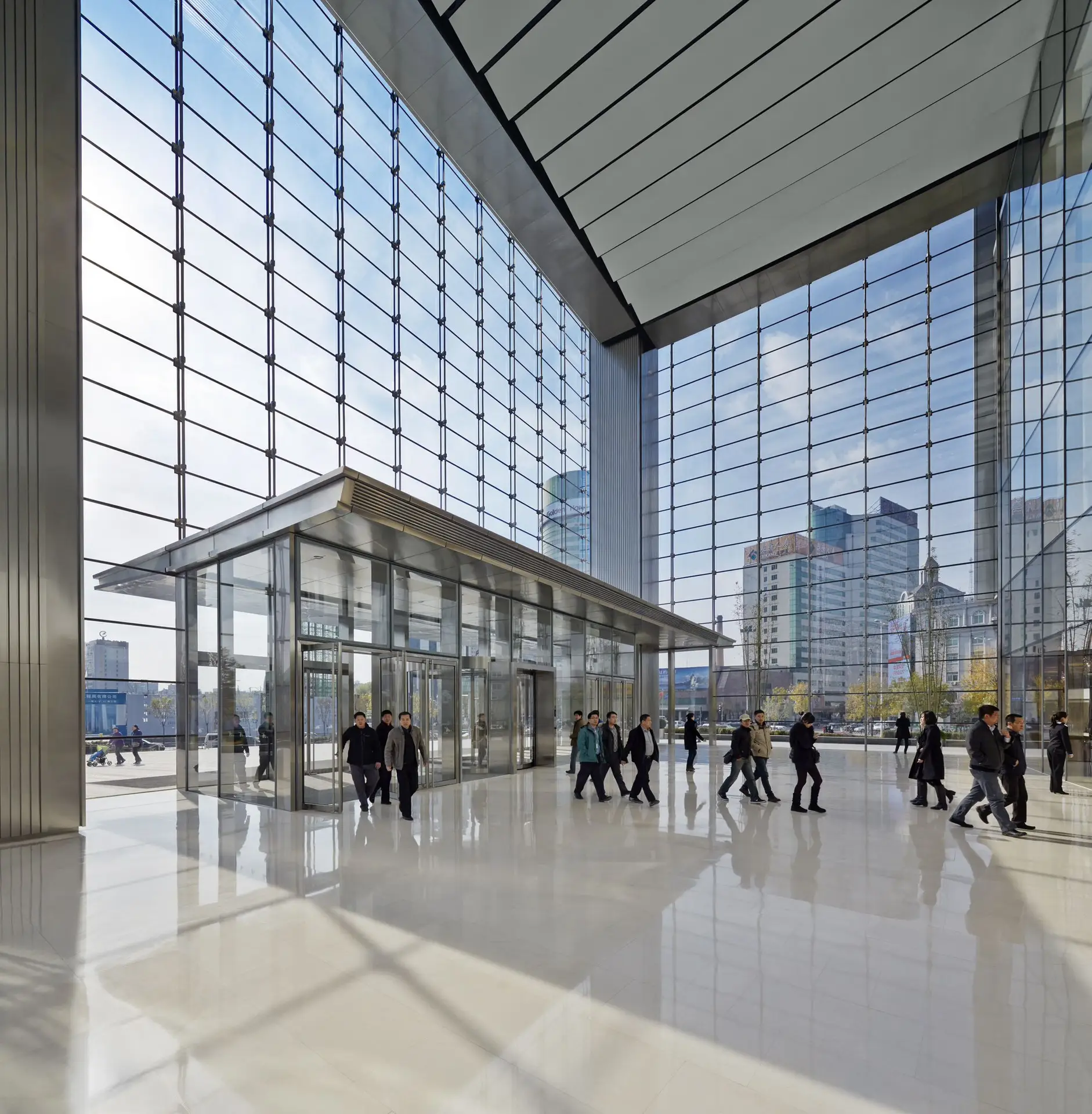 Illustrative large interior glass entrance