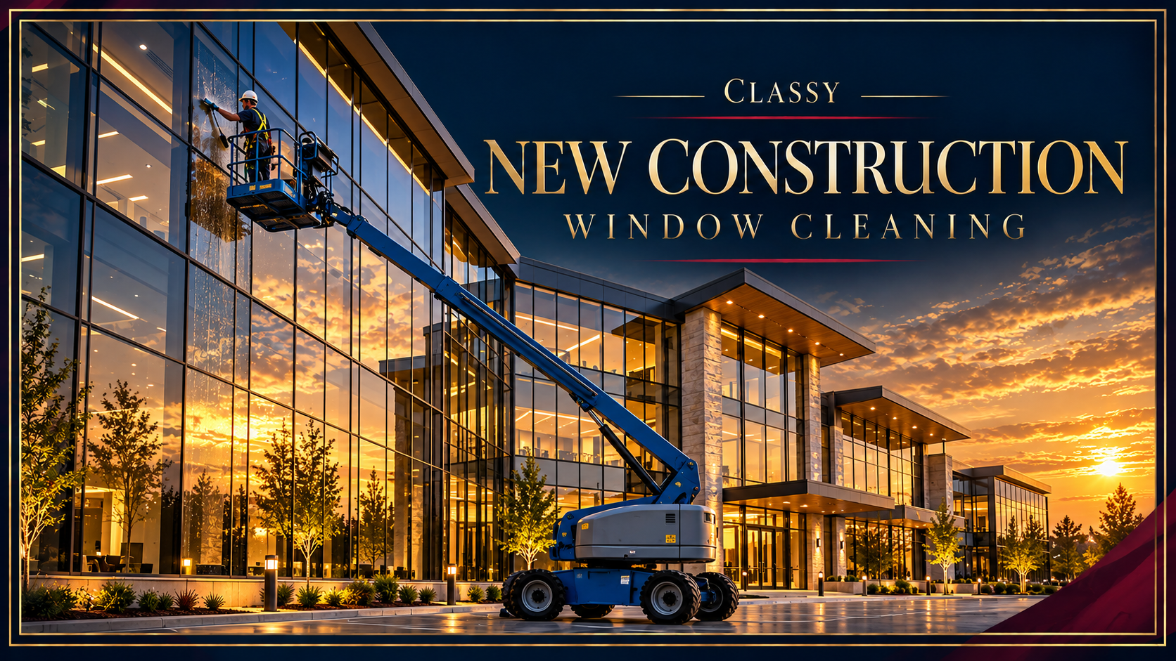 Illustration of a window cleaner using a boom lift beside a new glass curtain-wall building