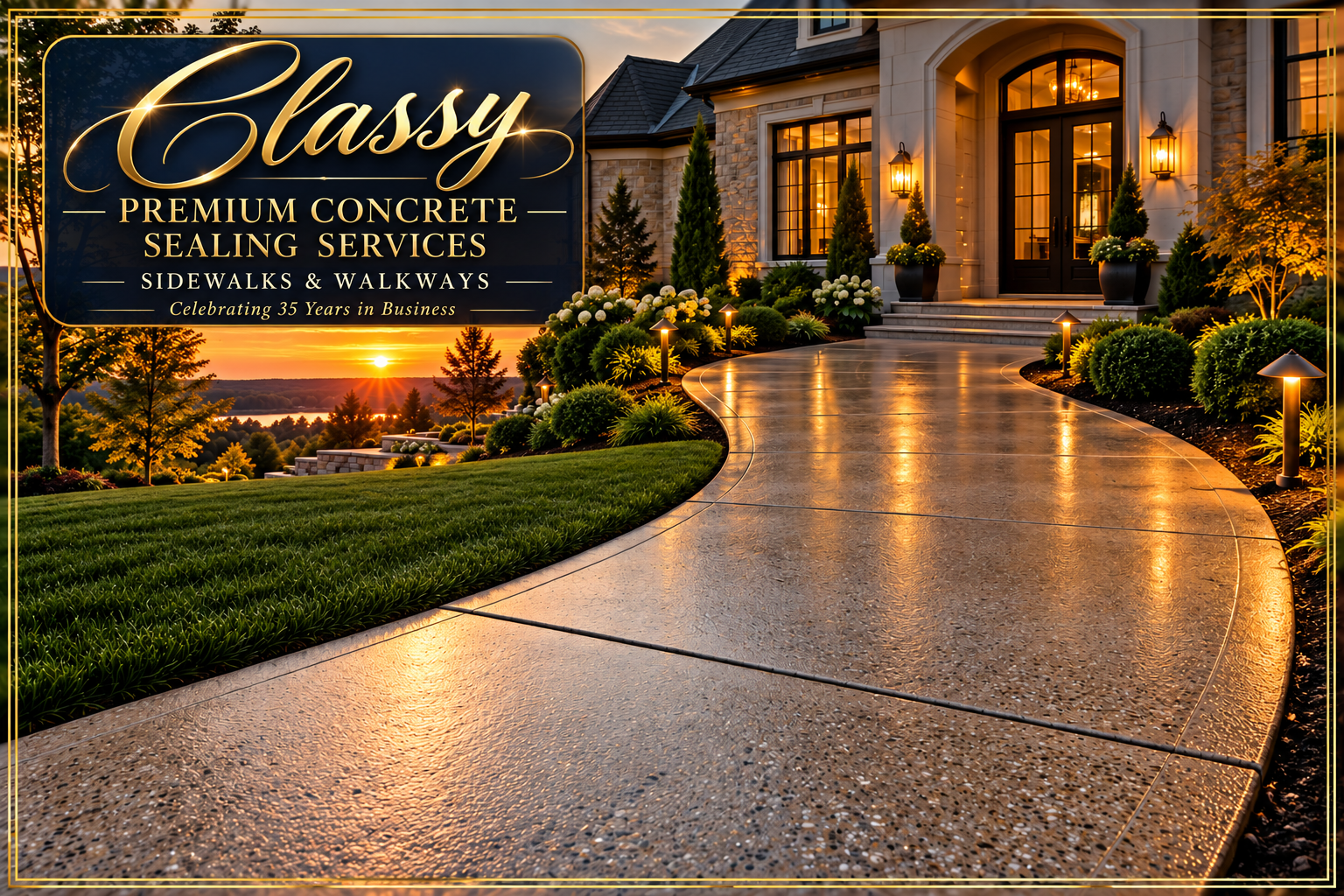 Illustrative sealed sidewalk and walkway at a landscaped luxury home