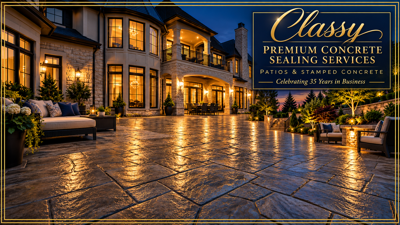 Classy premium concrete sealing services: illustrated luxury estate patio with a glossy stamped concrete finish