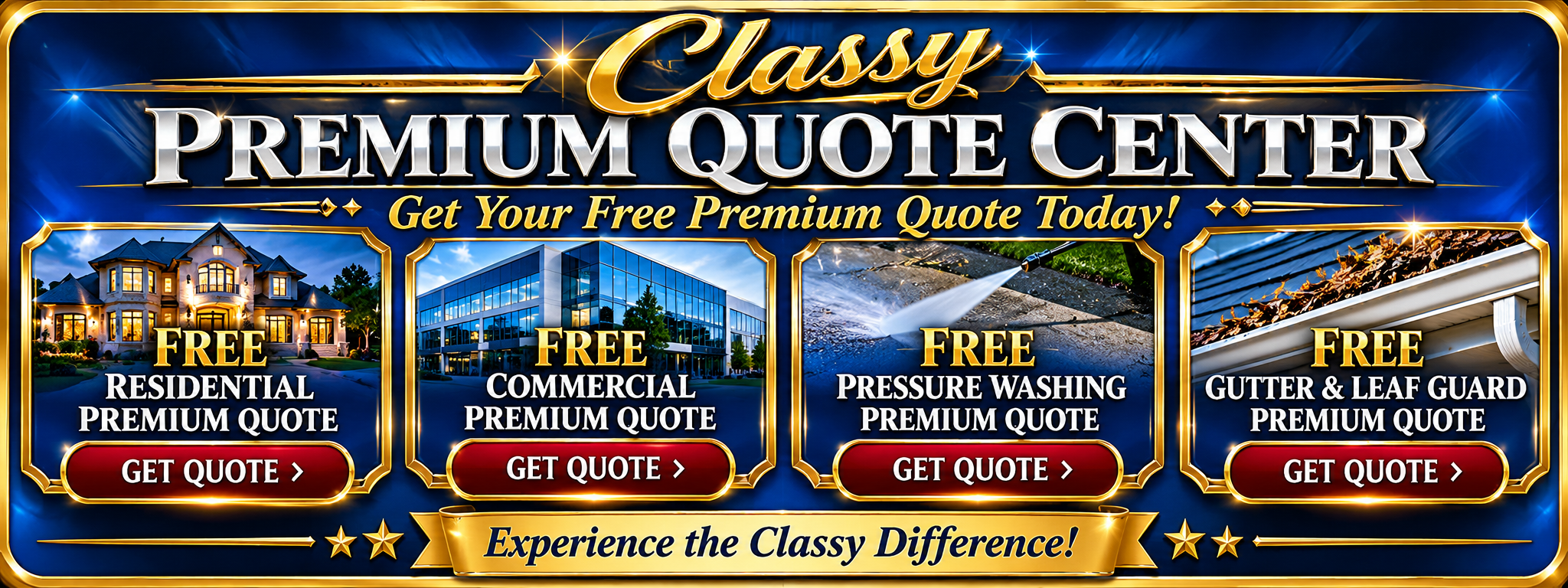 Classy premium quote center for residential, commercial, pressure washing, and gutter services