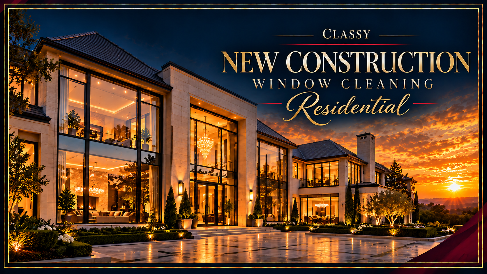 Illustration of a newly completed luxury mansion with large residential windows