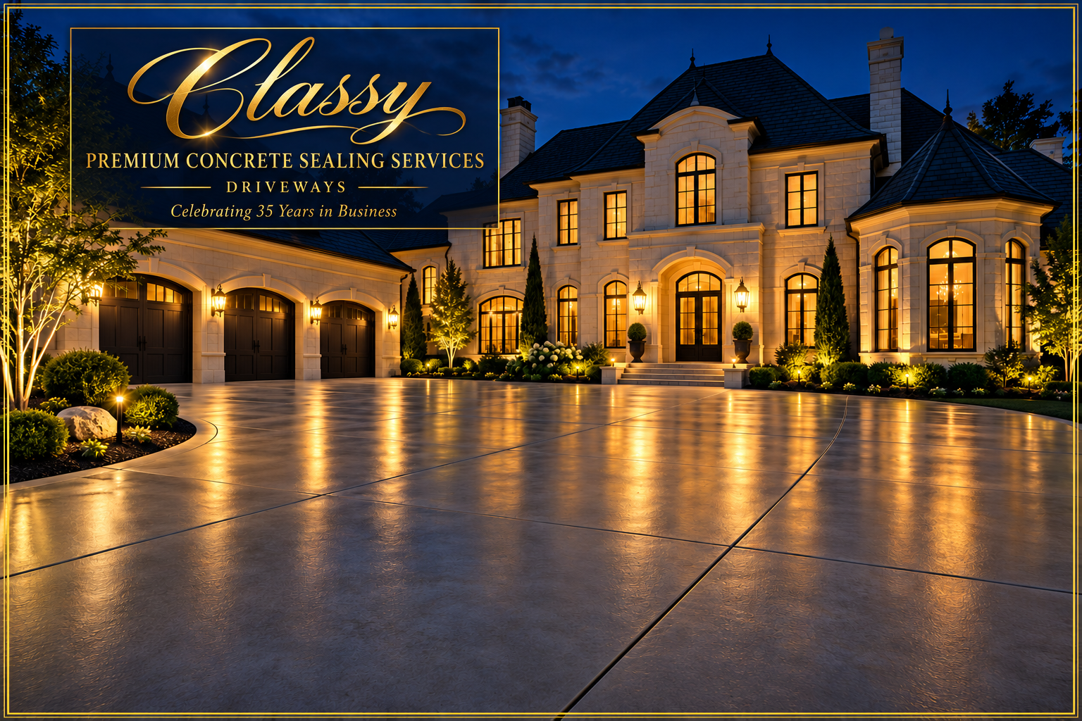 Illustrative mansion with a glossy sealed concrete driveway