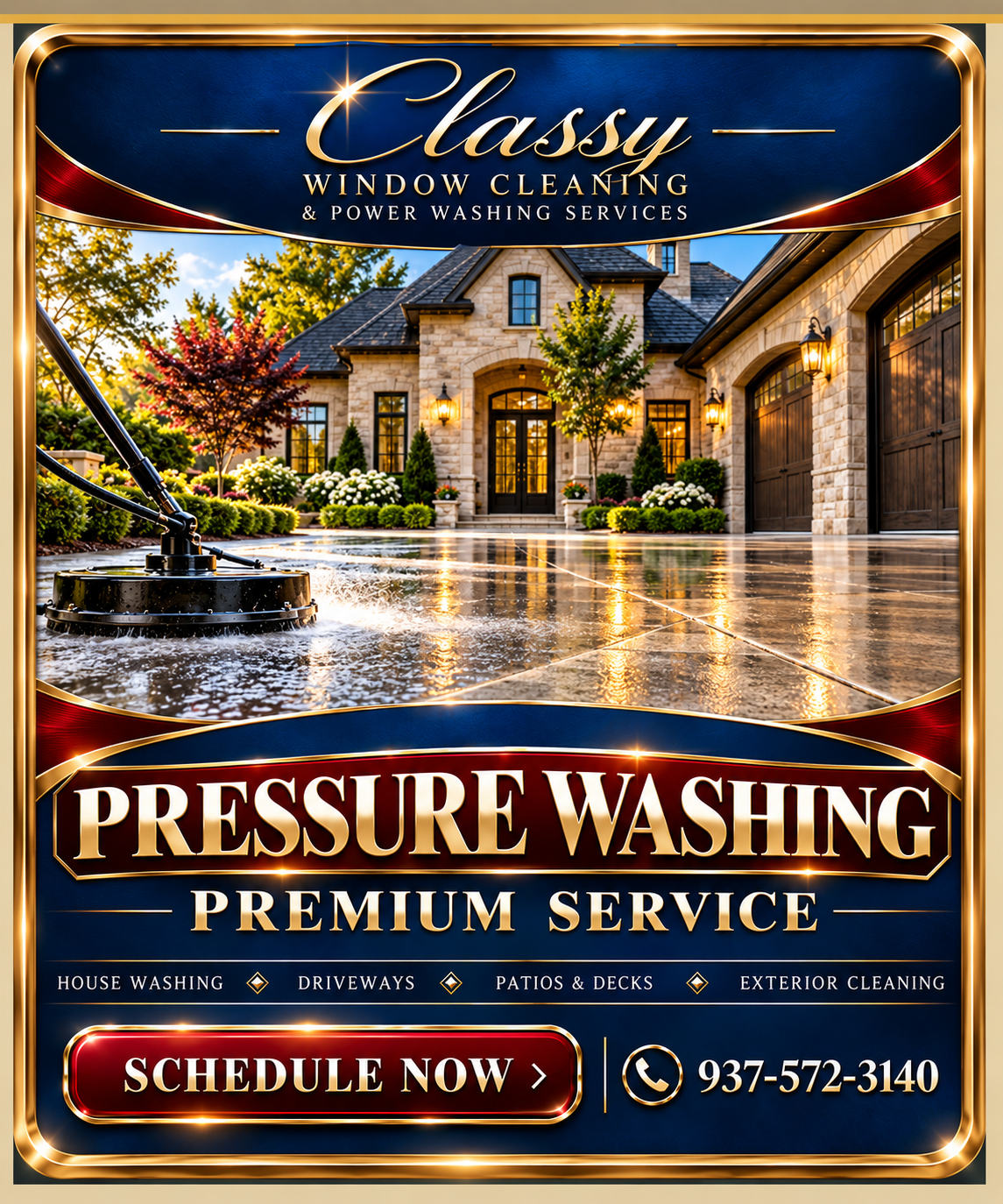 Classy pressure washing and low-pressure exterior cleaning service graphic